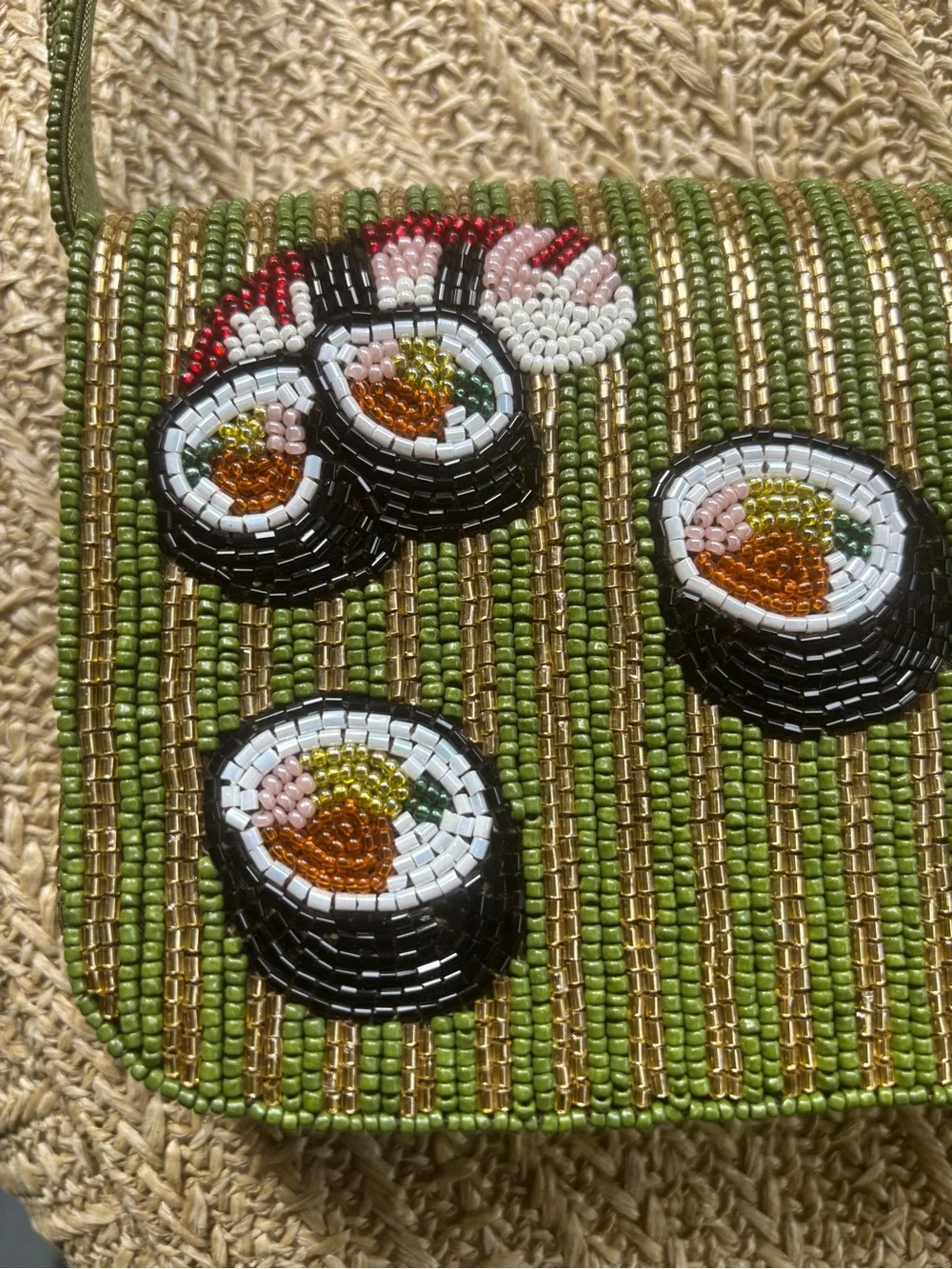 Viral Tik Tok Beaded Sushi Motif Green Bag, rare, NWT, made in India - Picture 3 of 5